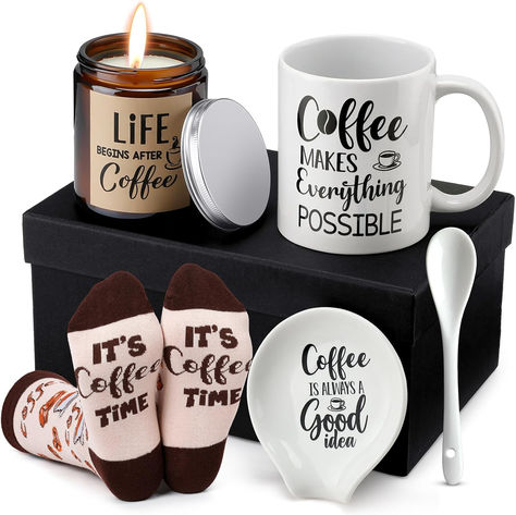 #Coffe Lover #Gifts
*anything purchased from my link earns small commission* Coffee Gifts Box, Coffee Gift Sets, Coffee Gift Basket, Gift Baskets For Women, Coffee Valentines, Coffee Theme, Aroma Candle, Coffee Candle, Coffee Lover Gift