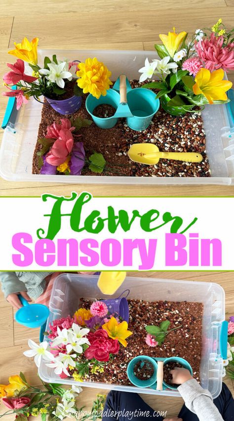 Flower Sensory Bin - Happy Toddler Playtime Mother’s Day Sensory Bins, Flower Sensory Bin For Toddlers, Encanto Sensory Bin, Flower Party Activities, Fairy Sensory Bin, Toddler Garden Party, Flower Activities For Toddlers, Flower Sensory Bin, Flower Sensory