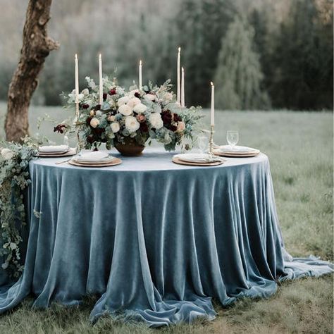 Dusty Blue Velvet Wedding Reception Tablecloth- Available in 120" and 132" Blue Velvet Tablecloth Wedding, Dusty Blue Table Decor Wedding, Dusty Blue Sweetheart Table, Blue Velvet Wedding, Sunset Ideas, Velvet Tablecloth, Table Covers Wedding, Pale Blue Wedding, Bridgerton Wedding