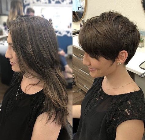 70 Before / After Short Hair Photos - Long to Short Hair Transformations Really Short Hair, Long To Short Hair, Color Your Hair, Super Long Hair, Mid Length Hair, Trending Hairstyles, Short Hair With Bangs, Hair Color Dark, Hair Photo