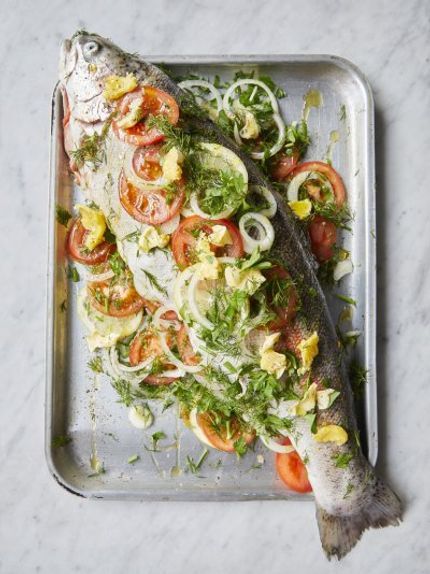 Mary Berry's whole roasted trout | Jamie Oliver recipes Whole Trout Recipes, Turkey Gravy From Drippings, Whole Fish Recipes, Trout Recipe, Roast Fish, Trout Recipes, Jamie Oliver Recipes, Mary Berry, British Food