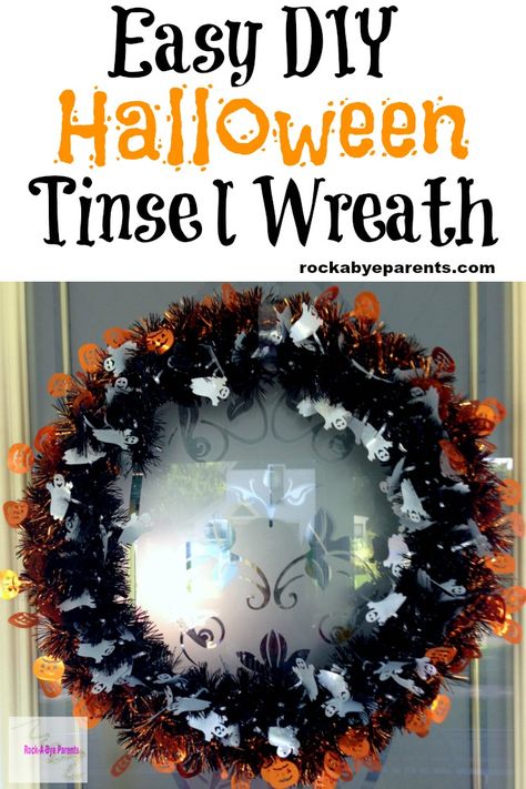 Easy DIY Halloween Tinsel Wreath Halloween Wreath Diy Easy, Diy Halloween Food, Tinsel Wreath, Fall Family Fun, Halloween Decor Diy, Fun Fall Crafts, Diy Halloween Wreath, Wire Wreath Frame, October Halloween