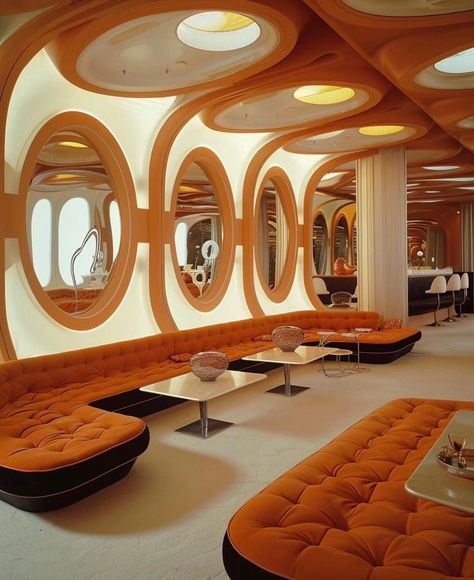 Aether Punk, 70s Sofa, Concept Restaurant, Tranquility Base, Simply Orange, Retro Interior Design, Retro Interior, Space Interiors, Retro Futuristic