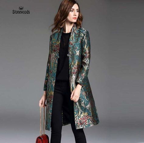 Jacket Suits Indian, Embroidery Cloak, Trench Coats Women Long, Button Embroidery, Brocade Jacket, Chinese Embroidered, Elegant Outfit Classy, Embroidery Vintage, Trench Coat Style