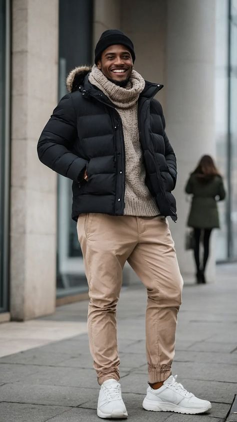 Winter Fashion Made Easy: 17 Trendy Outfit Ideas for Men - Cheerful Talks Winter Outfits Cold Men, Winter Streetwear Outfits Men, Men’s Winter Street Outfits, Winter Drip Outfits, Black Men Winter Outfits, Black Men Casual Outfits, Brown Pants Outfit Men, Winter Fits Men, Black Men Outfits