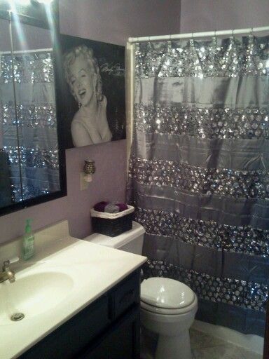 Santana Bling Shower Curtain Kohls, glitter shower curtain, sparkle, marilyn monroe bathroom inspired. Marilyn Monroe Bathroom, Marilyn Monroe Room, Glamour Bathroom, Black And Silver Bathroom, Bling Bathroom, Marilyn Monroe Decor, Silver Bathroom Decor, Purple Shower, Purple Shower Curtain