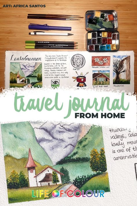 Learn how to make your own travel journal from the comfort of your home using the technique called “Travel Sketching” or “Urban Sketching”. This technique consists on creating art on location inspired by scenes witnessed by the artist while they are visiting some place, being it on vacation or in the town where they live. Travel Watercolor Journal, Travel Sketchbook Ideas, Vimal Chandran, Daily Art Journal, Watercolor Journaling, Watercolour Journal, Travel Sketching, Travel Artist, Traveling Art