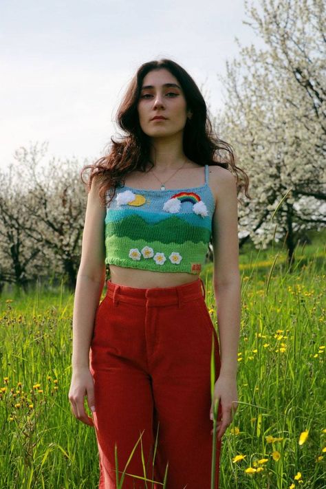 Sun And Rainbow, Crop Top Knit, Rainbow Crop Top, Colorful Clothes, Vegan Clothing, Organic Cotton Yarn, Crochet Crop, Cropped Tops, Beautiful Sweater