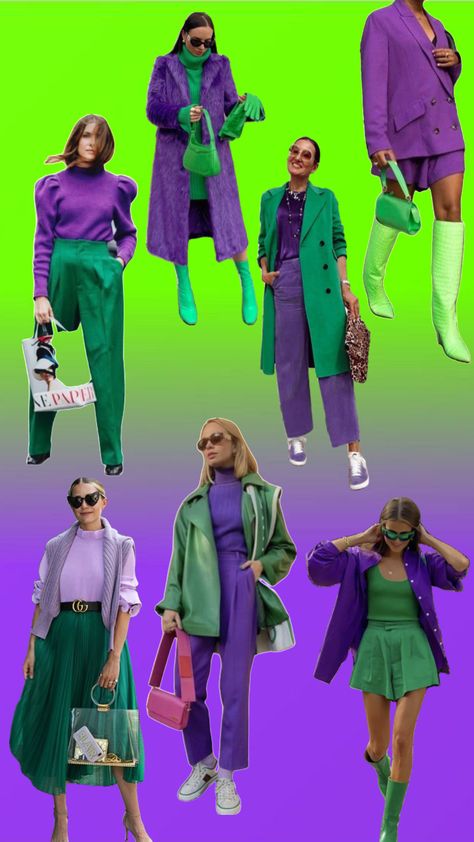 Purple and green outfit inspiration #purple #green #outfitinspiration Purple And Green Outfit Ideas, Purple Colorblock Outfit, Purple And Green Suit, Green And Purple Clothes, Purple And Olive Green Outfit, Purple And Green Outfits For Women, Purple Green Outfit Aesthetic, Purple Combination Outfits, Purple And Green Aesthetic Outfit