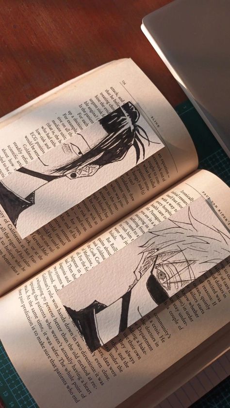 Art And Craft Aesthetic, Gojo Bookmark, Diy Book Markers Ideas, Cover Book Ideas, Bookmarks Handmade Aesthetic, Matching Bookmarks, Arts And Crafts Aesthetic, Book Dividers, Anime Face Drawing