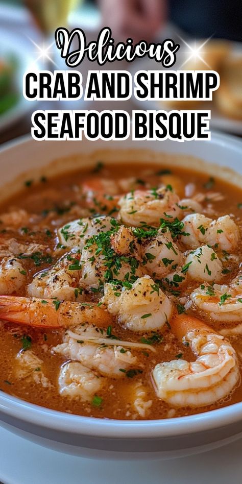 Crab And Shrimp Bisque Recipe, Crab Stew Recipe, Crab And Shrimp Seafood Bisque, Shrimp Bisque Recipe, Bisque Recipes, Crab And Shrimp, Mediterranean Recipes Healthy, Seafood Bisque, Crab Soup