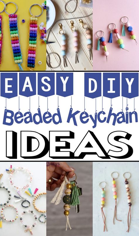 DIY Beaded Keychain Ideas Beaded Word Keychains, Diy Keychain Ideas Cricut, Beaded Keychain Diy Tutorials, How To Make A Keychain With Beads, Keychain Diy Ideas, Diy Bead Keychain, Bead Keychain Ideas, Diy Keychains To Sell, Bead Keychain Diy