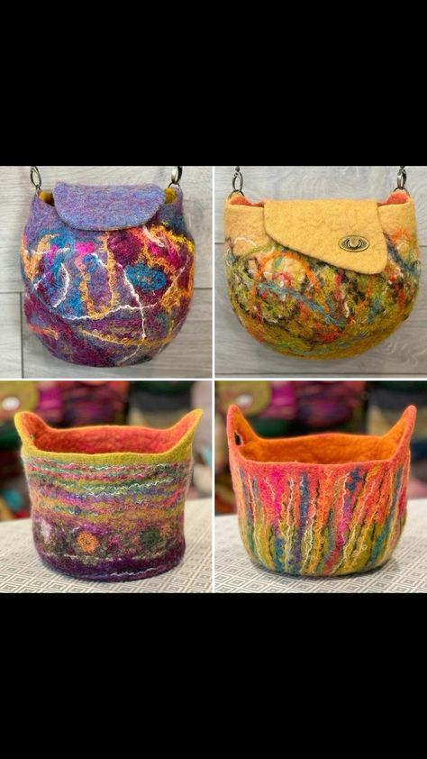 Natasha Smart Textiles | Mix of felt bags and baskets at this sunny wet felting on a ball workshop last month. Different designs but aren’t they all… | Instagram Felt Purses, Felted Vessels, Felted Basket, Smart Textiles, Felt Basket, Felt Bags, Wool Felt Projects, Wet Felting Projects, Felting Ideas