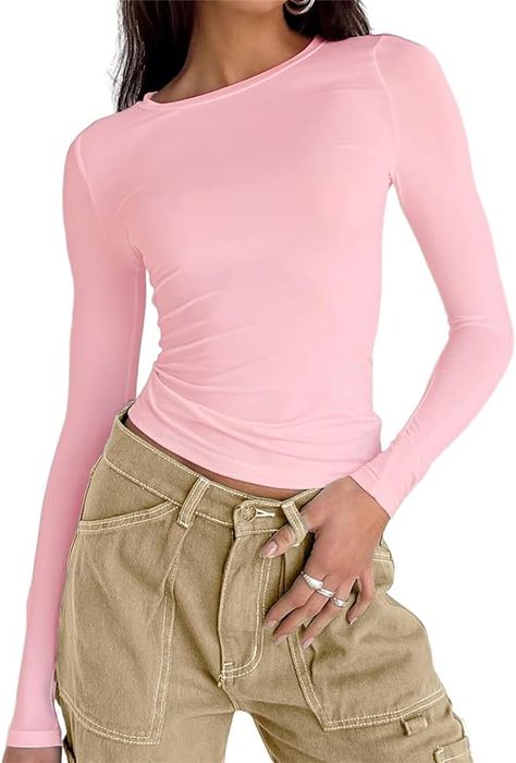 Amazon.com: ForeFair Women Long Sleeve T Shirt Y2K Basic Going Out Tops Slim Fit Casual Crew Neck Crop Top Tight Tee Shirts(S,Pink) : Clothing, Shoes & Jewelry Going Out Crop Tops, Basic Crop Tops, Shirts Streetwear, Slim Fit Crop Top, Slim Fit Top, Cropped Tops, Going Out Tops, Basic Long Sleeve, Slim Fit Shorts