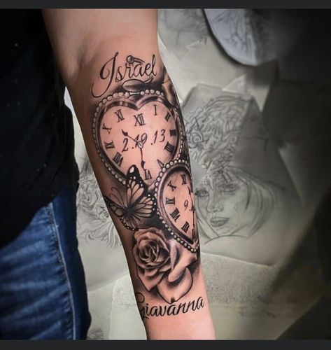 Forearm Memorial Tattoos Women, Clock Tattoo Design Women Leg, Thigh Tattoos For Moms With Kids, Clock With Angel Wings Tattoo, Mom Tattoos Sleeve, Tattoos With Clocks For Women, Clock Tattoo Design Women Arm, Birth Clock Tattoo Design Women, Clock Sleeve Tattoo For Women