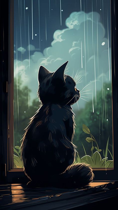 #Cat #FunnyCats #SillyCats Black Cat Looking Out Window, Rainy Window Illustration, Cat Sitting Illustration, Anime Cat Wallpaper, Cat In Rain, Rainy Day Illustration, Cat Looking Out Window, Rainy Day Drawing, Rainy Wallpaper