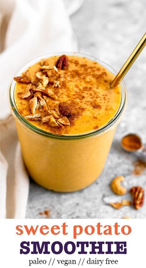 Healthy thick and creamy Sweet Potato Smoothie that tastes like sweet potato pie! Made with 2 1/2 cups of veggies and loaded with vitamin A & C, antioxidants, fiber, and healthy fats! Makes an easy breakfast, snack, post workout shake (with the addition of protein), or a tasty way to up your veggies. Paleo, vegan, and dairy free. - Eat the Gains #sweetpotatosmoothie #healthysmoothie #vegansmoothie #healthybreakfast #fruitfreesmoothie #proteinsmoothie #healthybreakfast #sweetpotatoes Simple Smoothies, Sweet Potato Smoothie, Diet Smoothies, Easy Healthy Smoothie Recipes, Free Smoothie Recipes, Smoothies Vegan, Vegan Smoothie Recipes, Smoothies Healthy, Post Workout Shake