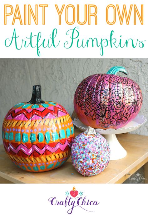 Artful pumpkins! #craftychica #pumpkinpainting #pumpkinart #pumpkinideas How To Make Confetti, Paint Pumpkins, Creative Pumpkin Carving, Foam Pumpkins, Creative Pumpkins, Dollar Store Organizing, Diy Craft Tutorials, Pumpkin Art, Crafts Workshop