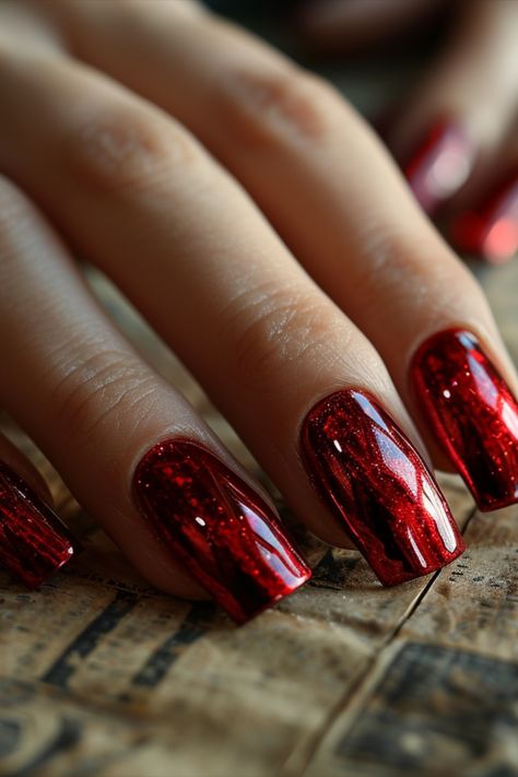 Red Chrome Nails Christmas Nails Red Chrome, Dark Red Chrome Nails Designs, Red Chrome Nails Christmas, Metalic Red Nail, Mettalic Red Nails, Red And Matalic Nails, Wine Red With Chrome Nails, Red Metallic Nails, Golden Nail Art