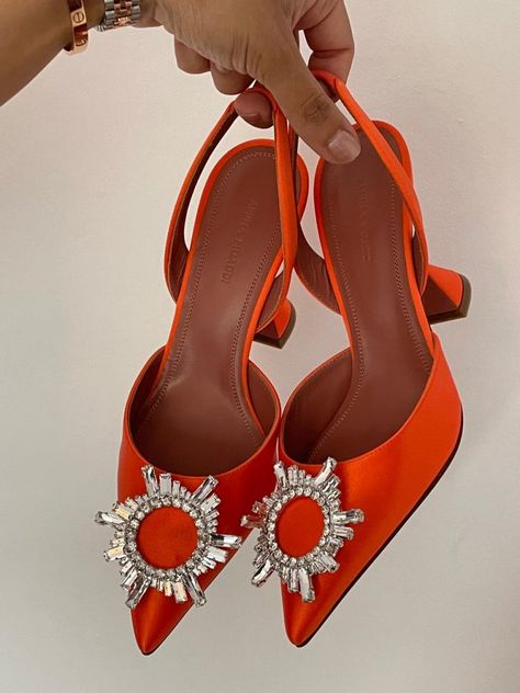 Heels Orange, Trendy Heels For Women, Orange Heels Aesthetic, Luxury Orange Heels, Luxury Orange High Heels, Amina Muaddi Gold Heels, Luxury Orange High Heel Heels, Orange High Heels, Amina Muaddi Heels