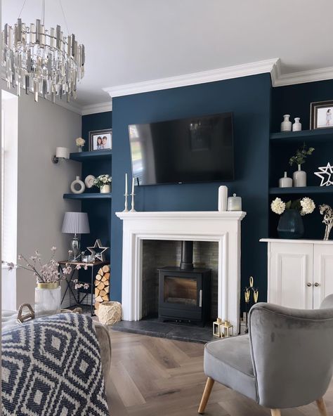 Navy Blue Alcove Living Room, Navy Grey And Cream Living Room, Blue Front Room Ideas, Blue Wall White Fireplace, Living Room Decor Dark Blue, Navy Alcove Living Rooms, Blue And White Den, Small Blue Living Room Ideas, Navy Chimney Wall