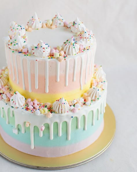 Tier Cake Recipe, Pastel Rainbow Cake, Tiered Cakes Birthday, Two Tier Cake, Rainbow Birthday Cake, Pastel Cakes, Drizzle Cake, Birthday Cake Recipe, Tier Cake