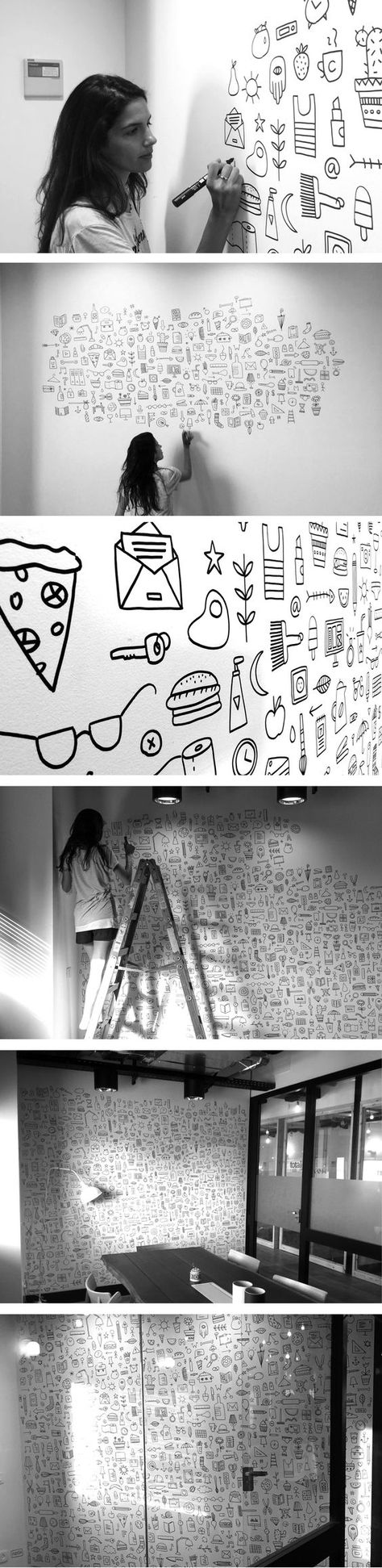 Monochrome wall mural with everyday objects Doodle Wall Art, Wall Drawing Ideas, Doodles Design, Writing On The Wall, Doodle Wall, Drawing Doodles, Zen Tangles, Showroom Display, Posca Art