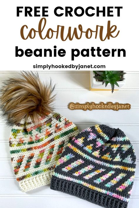 A free crochet colorwork Beanie pattern in 3 sizes - Child, Adult Regular and Adult Large. Find some fun colors in DK weight yarn to make this tapestry crochet colorwork beanie pattern. A stylish and warm crochet hat pattern for winter. DK weight yarn crochet beanie pattern by Simply Hooked by Janet. #freecrochetpattern #crochethat Crochet Granny Hat Pattern, Crochet Cc Beanie Pattern Free, Two Color Crochet Hat Free Pattern, Two Color Crochet Hat, Mosaic Crochet Hat, Bulky Weight Yarn Crochet Patterns, Dk Weight Crochet Patterns, Crochet Thick Yarn Projects, Crocheted Hats Patterns Free