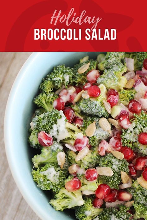 Holiday Broccoli Salad Classic broccoli salad bursting with fresh seasonal ingredients for a holiday flare.  How to Make Holiday Broccoli SaladIf you haven’t even made broccoli salad before, you might have a few questions about this recipe.  Some of the most common question we get are... Brócoli Salad, Salad Broccoli, Holiday Salad, Pomegranate Recipes, Raw Broccoli, Christmas Salads, Super Healthy Kids, Pomegranate Salad, Broccoli Salad Recipe