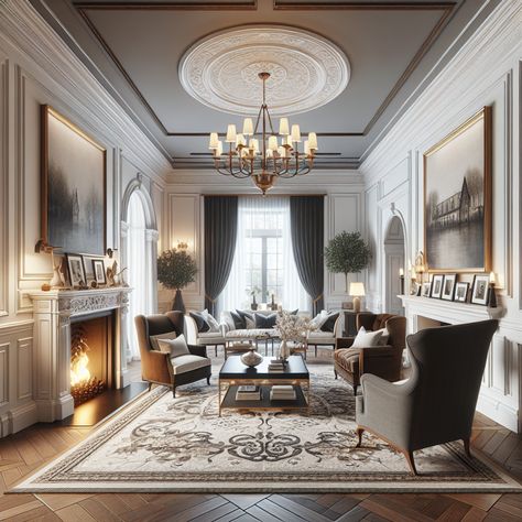 The room should implement design elements typical of this style, such as dark wood furniture, white walls, elegant drapery and area rugs. There can be an imposing fireplace in the middle, flanked by a pair of wingback chairs. Above the fireplace is a classic piece of art in a gilded frame. To one side of the room, a hallway with a row of framed family photos. The room is filled with ambient warm light giving it an inviting and cozy atmosphere. Tradional Homes Interior Design, Classic American Living Room, Elegant Traditional Living Room, Traditional Living Room Decor Ideas, New Traditional Living Room, Fireplace Classic, Traditional Living Room Design, Traditional Living Room Decor, Traditional Design Living Room