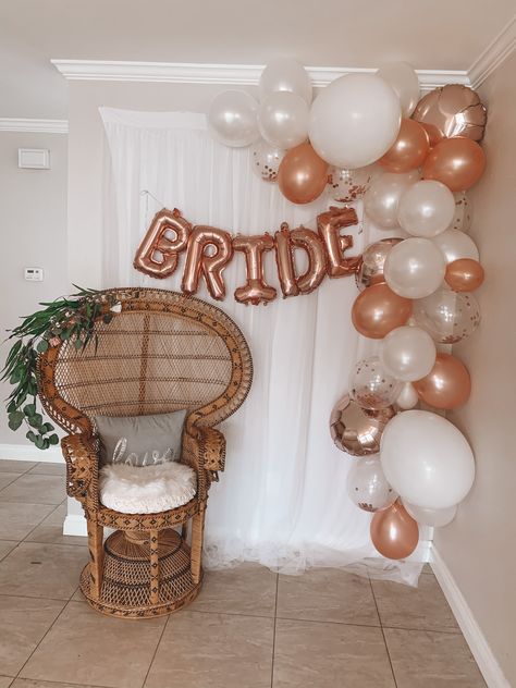 Bridal  shower background by Alyssa Markwell Simple Boho Wedding Shower, Bridal Shower Mantel Decor, Bridal Shower Ideas Decorations Balloons, Bridal Shower House Decorations, Boho Wedding Shower Backdrop, Bridal Shower Theme Ideas Fall, Bridal Shower In Home Ideas, Bridal Shower Ideas Balloon Arch, Bridal Shower Decor Fall