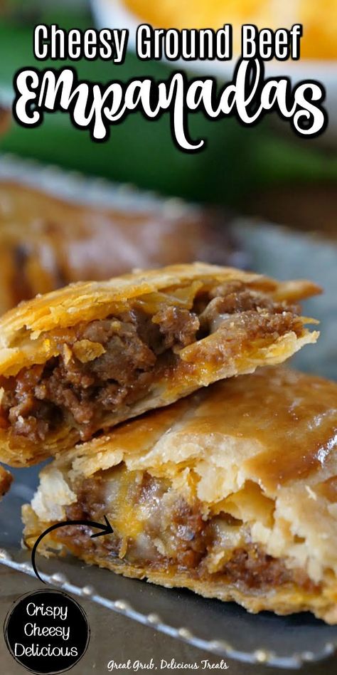 Cheesy Ground Beef Empanadas are loaded with deliciously seasoned ground beef, two types of cheese loaded into a flaky pie crust empanada, baked to golden brown. #easyempanada #empanadarecipe Empanadas Recipe Beef And Cheese, Beef And Cheese Empanadas Recipe, Beef And Cheese Empanadas, Ground Beef Empanadas, Easy Empanadas Recipe, Handheld Food, Beef Empanadas Recipe, Cheesy Ground Beef, Empanada Recipe