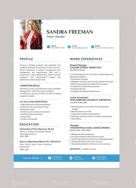 Design professional resume, cv and cover letter template by Branding_acura | Fiverr Cv Original, Cv Design Template, Modern Resume Design, Office Administration, Job Resume Examples, Grant Application, Grant Proposal, Benin City, Professional Cv