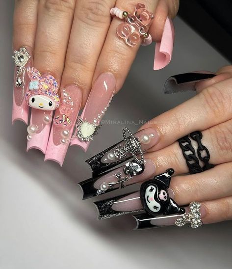 Sanrio Themed Nails, Sanrio Acrylic Nails, Contrast Nails, Xl Long Acrylic Nails, Hello Kitty Nail Designs, Sanrio Nails, Paznokcie Hello Kitty, Halloween Hello Kitty, Hello Kitty Nails Art