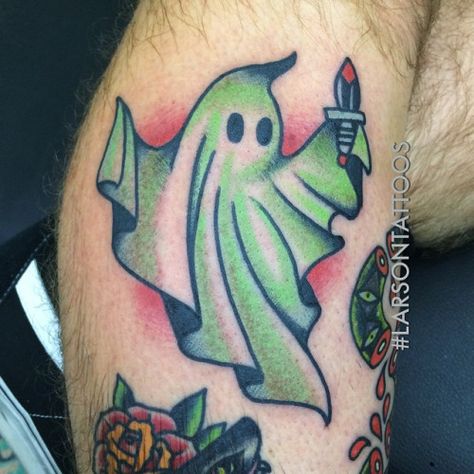 American Traditional Ghost Tattoo, American Traditional Ghost, Traditional Ghost Tattoo, Galaxy Tattoo Sleeve, Black And White Flower Tattoo, Ghost Tattoos, Traditional Ideas, Halloween Flash, Tattoo Filler