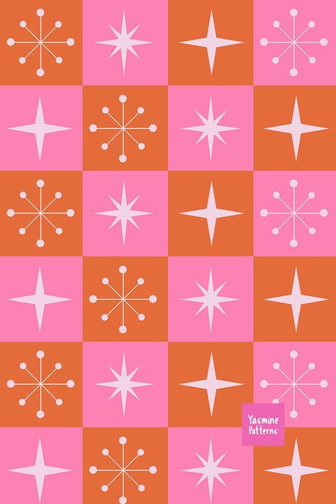 Checkered Retro Starbursts pattern on orange and pink squares Mid Century Modern Christmas, Japanese Graphic, Mid Century Modern Patterns, Geometric Pattern Design, Art Deco Posters, Japanese Graphic Design, Orange And Pink, Mid Century Modern Art, Mid Century Art