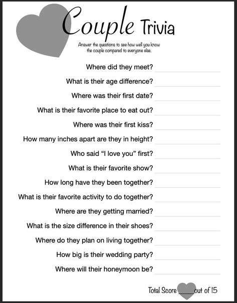 "Couple Trivia is a game is the perfect game for a bridal shower. Couple Trivia has 15 questions about the Bride and Groom. Have everyone answer the questions and then compare to see who got the most questions correct. Print it on white paper or print it on your own themed paper. Simple design that goes with anything. For more games like this visit my store PrintablesbyCaytee This is a digital download that you are able to print at your convenience.  How to Download your Digital File from Printa Engagement Party Trivia Questions, Jeapordy Game Questions For Adults, Bridal Trivia Questions, Trivia Questions For Couples, This Or That For Couples, 21 Questions Game For Couples, Engagement Games Ideas, Him Or Her Game Questions, Couples Trivia Questions