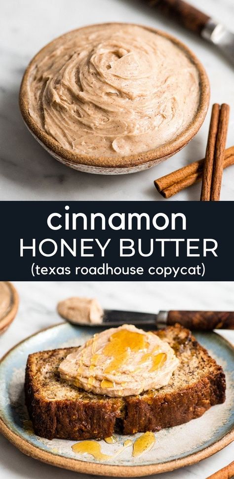 This Cinnamon Honey Butter Recipe is made with 5 ingredients in less than 5 minutes, and it's even better than Texas Roadhouse butter! It tastes delicious on rolls, pancakes, waffles, muffins, banana bread, toast, etc.! #texasroadhousebutter #cinnamonbutter #honeybutter #cinnamonhoneybutter #copycat #recipe Honey Butter Recipe Texas Roadhouse, Honey Butter Texas Roadhouse, Cinnamon Honey Butter Recipe, Roadhouse Butter, Texas Roadhouse Butter, Honey Butter Recipe, Muffins Banana, Cinnamon Honey Butter, Cinnamon Honey