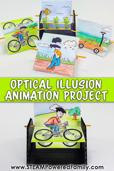 Make an Optical Illusion Toy with this fun STEM Project inspired by traditional flip animation cartoons. Learn art, engineering and science! Students will learn about the history of optical illusion toys, how they work, the science behind visual illusions and animations, plus build their STEM skills. Visit STEAMPoweredFamily.com to learn more. Optical Illusions Science Fair Projects, Animation Activities For Kids, Optical Illusion Crafts For Kids, Optical Illusion Art Projects, Optic Illusion Art, Steam Art Projects, Moving Crafts, Novel Engineering, Animation Lessons