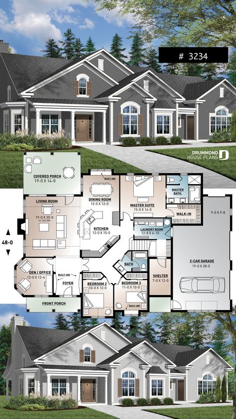 3 to 4 bedroom ranch home plan, split bedrooms, large master suite, 2-car side-entry garage, large family room Garage Craftsman, Large Master Suite, Best Home Plans, Drummond House Plans, Basement House Plans, Craftsman Bungalow, Garage House Plans, Casas The Sims 4, Sims House Plans