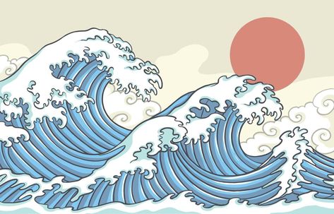 Japanese Artstyle, Traditional Japanese Art Style, Japanese Wave Painting, Japanese Wave Tattoos, Waves Cartoon, Japanese Art Style, Ocean Drawing, Wave Drawing, Sea Drawing