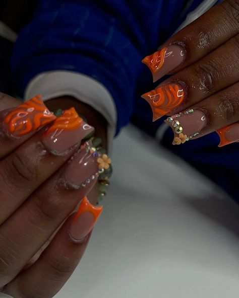 Orange Nails Short Design, Duck Nail Inspiration, Orange Duck Nails Acrylic, Orange Nails Ideas Short, Orange Prom Nails Short, Orange Freestyle Acrylic Nails, Orange Nail Inspo Short, Orange Cute Nails, Orange Prom Nails Acrylic