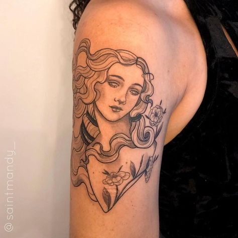 Buraka Tattoo, Tattoo Between Breast, Aphrodite Tattoo, Witchcraft Tattoos, Venus Tattoo, Nouveau Tattoo, Tattoos Inspo, Bts Tattoos, Sandro Botticelli