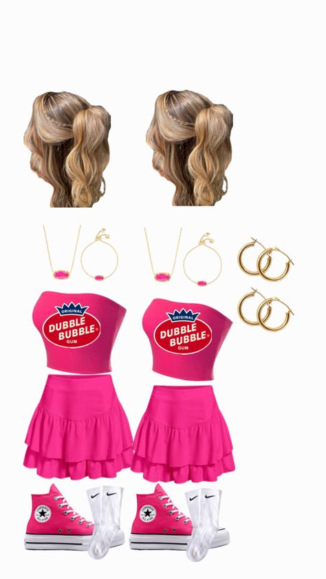 Bubble gum😜💗💖💞💓🌸💐💘💝🌷🎀👙 Dubble Bubble Costume, Bubble Gum Halloween Costume, Bubble Gum Costume, Bubblegum Costume, Duo Outfits, Bubble Costume, Fun Halloween Outfits, Twin Halloween, Cute Group Halloween Costumes