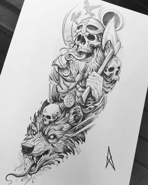 Half Sleeve Tattoos Sketches, Viking Warrior Tattoos, Norse Mythology Tattoo, Viking Tattoo Symbol, Viking Tattoo Sleeve, Vikings Tattoo, Half Sleeve Tattoos Drawings, Skull Sleeve Tattoos, Skull Sleeve