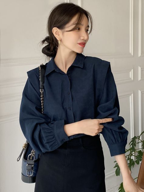 DAZY Bishop Sleeve Button Up Blouse How To Style Blue Shirt Women, Button Up Shirt Layering, Navy Blue Style Womens Fashion, Modest Blouses For Women, Navy Outfits Aesthetic, Ootd Kemeja Navy, Navy Blue Tops For Women, Navy Blue Womens Outfits, Navy Button Up