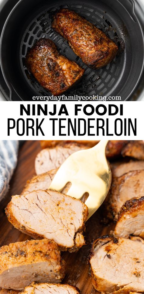 A juicy, flavorful pork dinner is just 20 minutes away! A slightly sweet dry rub is all you need to make Ninja Foodi pork tenderloin. Perfect for a protein packed busy weeknight! @iowapork [sponsored] Pork Tenderloin Recipes Ninja Foodi, Pork Loin Recipes Ninja Foodi, Pork Loin Ninja Foodi Recipe, Air Fryer Recipes Pork Tenderloin, Ninja Foodie Pork Tenderloin, Beef Tenderloin Ninja Foodi, Ninja Pork Tenderloin, Ninja Foodi Pork Loin Roast, Pork Loin In Ninja Foodi