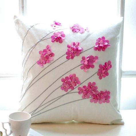 Flower Shaped Pillow, Pillow Cover Ideas, Raspberry Cottage, Spring Throw Pillows, Crochet Cushion Pattern, Dimensional Embroidery, Silk Butterfly, Pillow Flower, Sewing Cushions