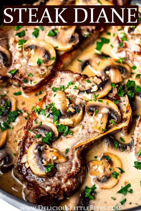 Steak Diane is a classic recipe made with tender sautéed beef and a creamy mushroom sauce. While this dish has a reputation of being more fancy, it's easy enough to make even on busy weeknights. This recipe is naturally gluten free and very low in carbohydrates making it easily adaptable to suit many different diets. | #steakdiane #steak #beef #steakdinner #onepanmeal Steak Diane Recipe, Steak Sauce Recipes, Sirloin Steak Recipes, Steak Dinner Recipes, Steak Diane, Round Steak Recipes, Steak Sandwiches, Filet Mignon Recipes, Steak Dishes