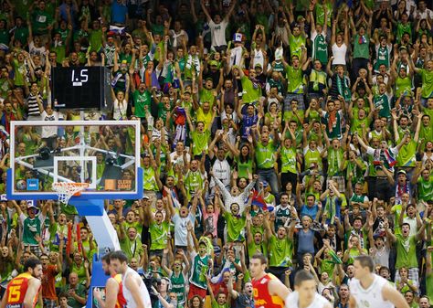 Slovenia fans cheer during their team's EuroBasket European Basketball Championship Group C match against Spain in Celje, Slovenia Petr David Josek/AP Basketball Championship, Basketball Fans, European Championships, Sports Pictures, Basketball Teams, Slovenia, Basketball